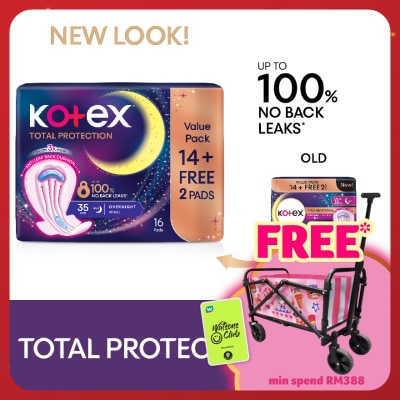 KOTEX Total Protection Overnight Wing Pad 35cm (14s) - Sanitary Pad that prevents up to 100% No Back Leaks