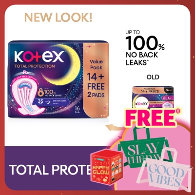 KOTEX Total Protection Overnight Wing Pad 35cm (14s) - Sanitary Pad that prevents up to 100% No Back Leaks
