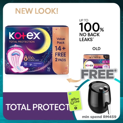 KOTEX Total Protection Overnight Wing Pad 35cm (14s) - Sanitary Pad that prevents up to 100% No Back Leaks