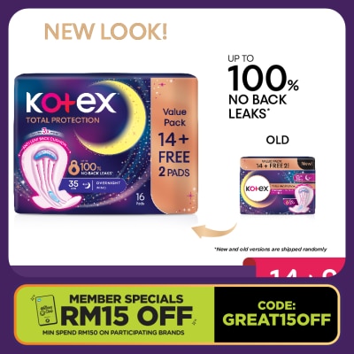 KOTEX Total Protection Overnight Wing Pad 35cm (14s) - Sanitary Pad that prevents up to 100% No Back Leaks