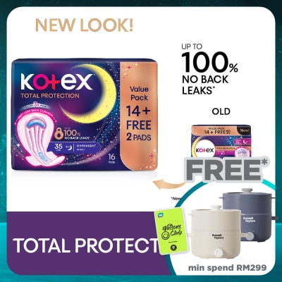 KOTEX Total Protection Overnight Wing Pad 35cm (14s) - Sanitary Pad that prevents up to 100% No Back Leaks