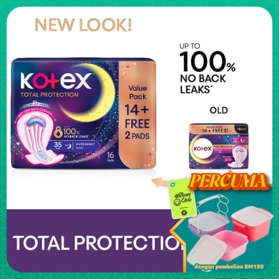 KOTEX - Total Protection Overnight Wing Pad 35cm (14s) - Sanitary Pad that prevents up to 100% No Back Leaks