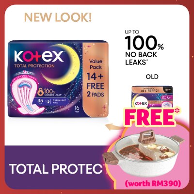 KOTEX Total Protection Overnight Wing Pad 35cm (14s) - Sanitary Pad that prevents up to 100% No Back Leaks