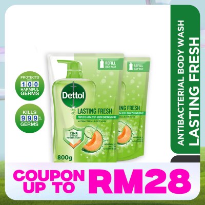 DETTOL Body Wash Lasting Fresh Honeydew Melon & Cucumber Refill Value Pack 800ml x2