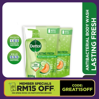 DETTOL Body Wash Lasting Fresh Honeydew Melon & Cucumber Refill Value Pack 800ml x2