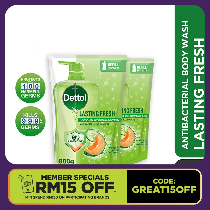 Body Wash Lasting Fresh Honeydew Melon & Cucumber Refill Value Pack 800ml x2