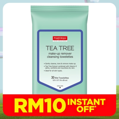 PUREDERM Tea Tree Make-up Remover Cleansing Towelettes 30's