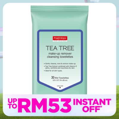 PUREDERM Tea Tree Make-up Remover Cleansing Towelettes 30's
