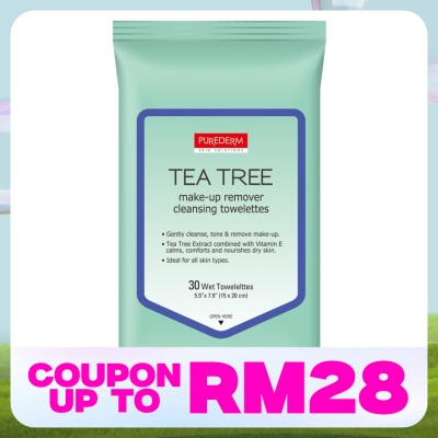 PUREDERM Tea Tree Make-up Remover Cleansing Towelettes 30's