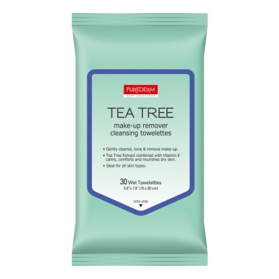 PUREDERM Tea Tree Make-up Remover Cleansing Towelettes 30's