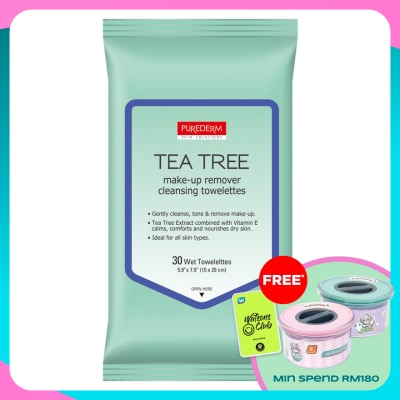 PUREDERM Tea Tree Make-up Remover Cleansing Towelettes 30's