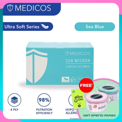 MEDICOS 4 Ply Lumi Series Surgical Face Mask Sea blue 50's