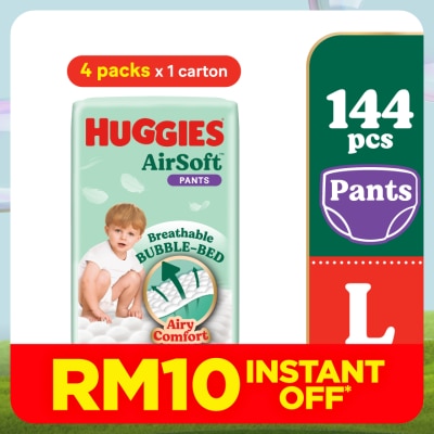 HUGGIES AirSoft Pants Diapers L 36s (4 Packs) Breathable and soft diapers for baby