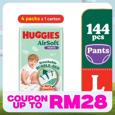 HUGGIES AirSoft Pants Diapers L 36s (4 Packs) Breathable and soft diapers for baby