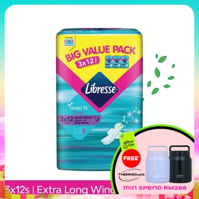 LIBRESSE - Green Tea Maxi Night Wing 32cm 3x12s