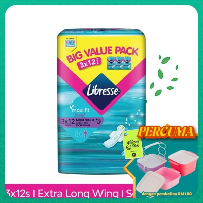 LIBRESSE - Green Tea Maxi Night Wing 32cm 3x12s