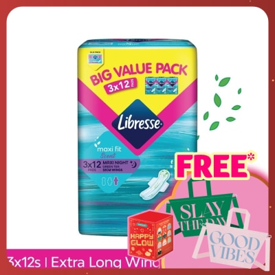 LIBRESSE Green Tea Maxi Night Wing 32cm 3x12s
