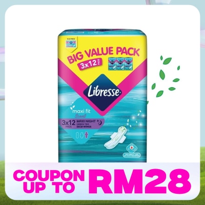 LIBRESSE Green Tea Maxi Night Wing 32cm 3x12s