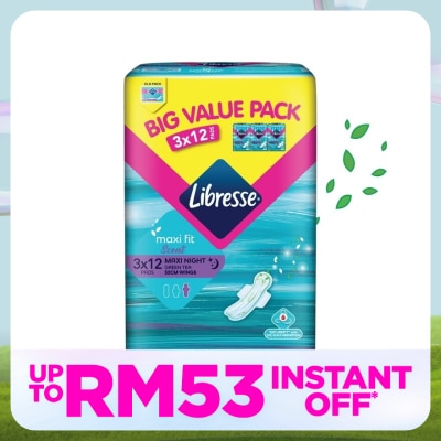 LIBRESSE Green Tea Maxi Night Wing 32cm 3x12s