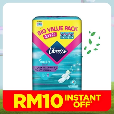 LIBRESSE Green Tea Maxi Night Wing 32cm 3x12s