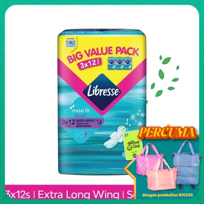 LIBRESSE Green Tea Maxi Night Wing 32cm 3x12s