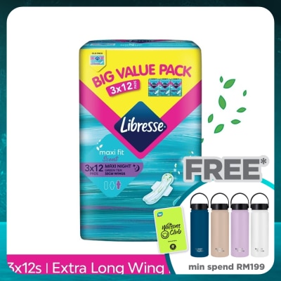 LIBRESSE Green Tea Maxi Night Wing 32cm 3x12s