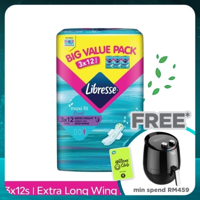 LIBRESSE Green Tea Maxi Night Wing 32cm 3x12s