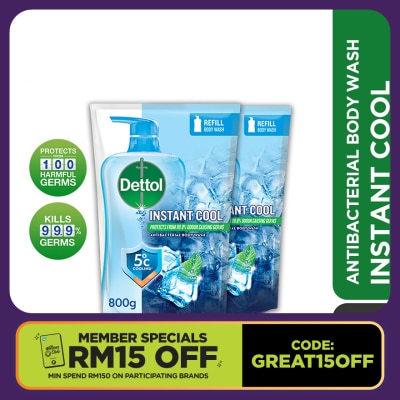DETTOL Body Wash Instant Cool Mint & Sea Minerals Refill Value Pack 800ml x2