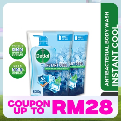 DETTOL Body Wash Instant Cool Mint & Sea Minerals Refill Value Pack 800ml x2