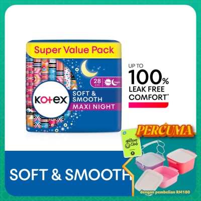 KOTEX - Soft & Smooth Overnight Non Wing Pad 28cm (16s x 2 Packs) - Sanitary Pad with 100% Leak Free Comfort