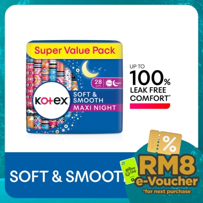 KOTEX Soft & Smooth Overnight Non Wing Pad 28cm (16s x 2 Packs) - Sanitary Pad with 100% Leak Free Comfort