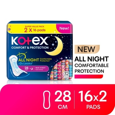 KOTEX - Comfort & Protection Night Non Wing Pad 28cm (16sx2) - Sanitary Pad with 100% Leak Free Comfort