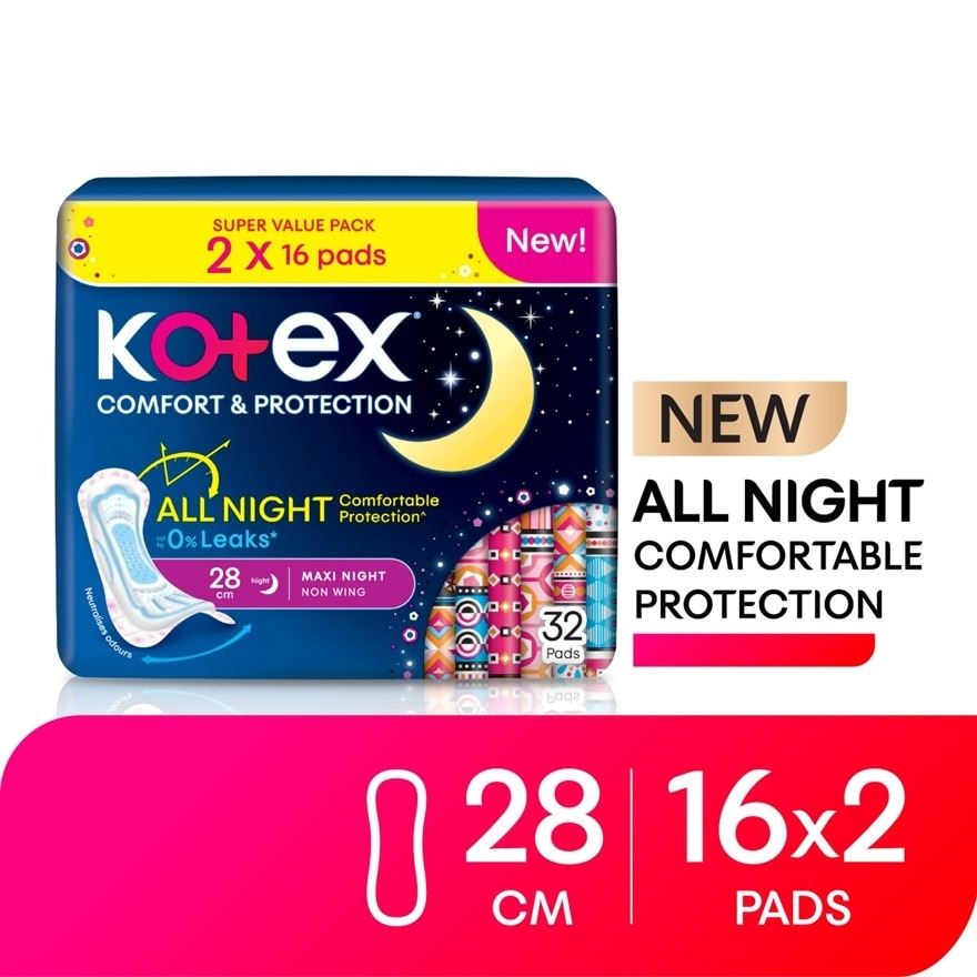 Comfort & Protection Night Non Wing Pad 28cm (16sx2) - Sanitary Pad with 100% Leak Free Comfort