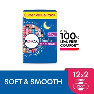 KOTEX Soft & Smooth Overnight Wing Pad 32cm (12s x 2 Packs) - Sanitary Pad with 100% Leak Free Comfort