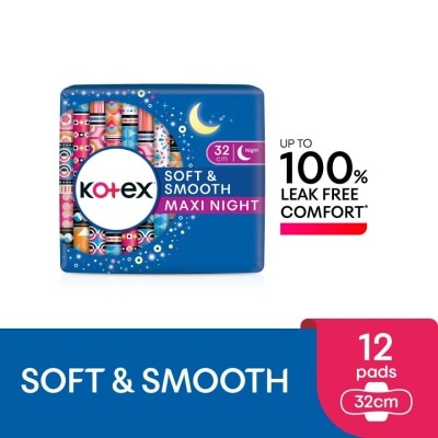 KOTEX Soft & Smooth Overnight Wing Pad 32cm (12s) - Sanitary Pad with 100% Leak Free Comfort