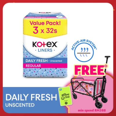 KOTEX Regular Unscented Pantyliner 15cm (32s x 3 Packs) - Breathable, Comfortable & Rapid Absorption