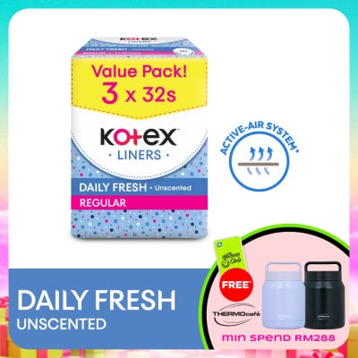KOTEX - Regular Unscented Pantyliner 15cm (32s x 3 Packs) - Breathable, Comfortable & Rapid Absorption