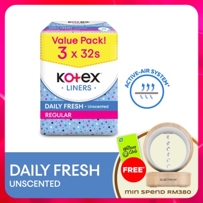 KOTEX - Regular Unscented Pantyliner 15cm (32s x 3 Packs) - Breathable, Comfortable & Rapid Absorption