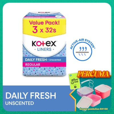 KOTEX - Regular Unscented Pantyliner 15cm (32s x 3 Packs) - Breathable, Comfortable & Rapid Absorption