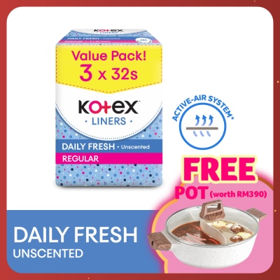 KOTEX Regular Unscented Pantyliner 15cm (32s x 3 Packs) - Breathable, Comfortable & Rapid Absorption