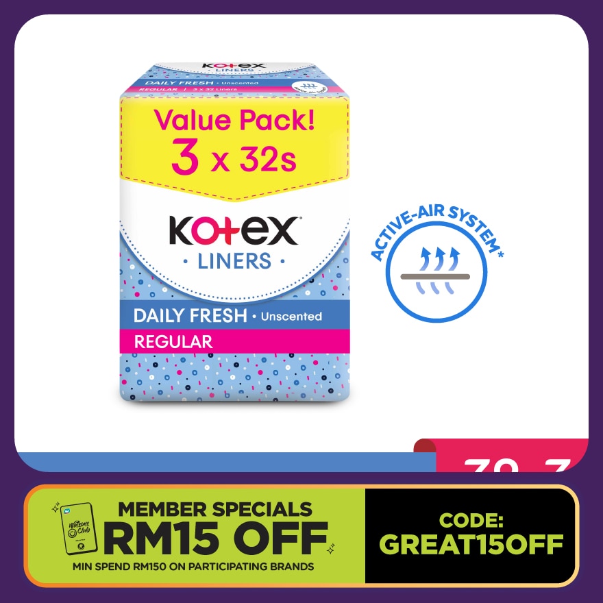 Regular Unscented Pantyliner 15cm (32s x 3 Packs) - Breathable, Comfortable & Rapid Absorption