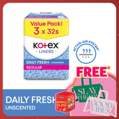 KOTEX Regular Unscented Pantyliner 15cm (32s x 3 Packs) - Breathable, Comfortable & Rapid Absorption
