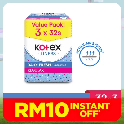 KOTEX Regular Unscented Pantyliner 15cm (32s x 3 Packs) - Breathable, Comfortable & Rapid Absorption