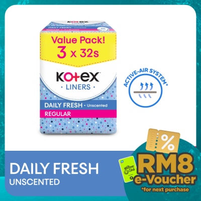 KOTEX Regular Unscented Pantyliner 15cm (32s x 3 Packs) - Breathable, Comfortable & Rapid Absorption