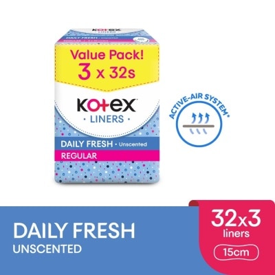 KOTEX Regular Unscented Pantyliner 15cm (32s x 3 Packs) - Breathable, Comfortable & Rapid Absorption