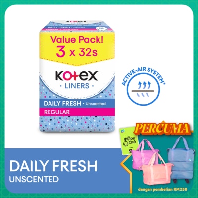 KOTEX Regular Unscented Pantyliner 15cm (32s x 3 Packs) - Breathable, Comfortable & Rapid Absorption