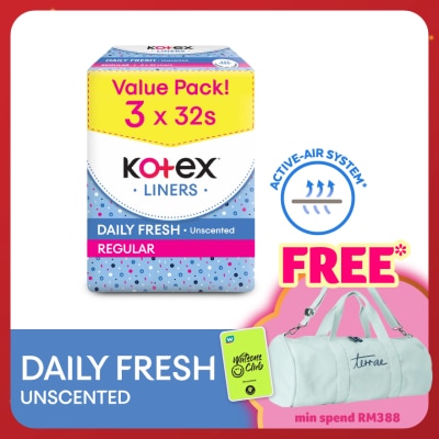 KOTEX Regular Unscented Pantyliner 15cm (32s x 3 Packs) - Breathable, Comfortable & Rapid Absorption