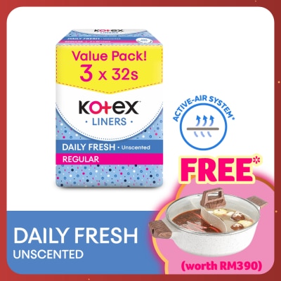 KOTEX Regular Unscented Pantyliner 15cm (32s x 3 Packs) - Breathable, Comfortable & Rapid Absorption