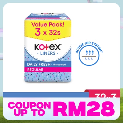 KOTEX Regular Unscented Pantyliner 15cm (32s x 3 Packs) - Breathable, Comfortable & Rapid Absorption