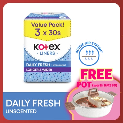 KOTEX Longer & Wider Unscented Pantyliner 17.5cm (30s x 3 Packs) - Breathable, Comfortable & Absorbent